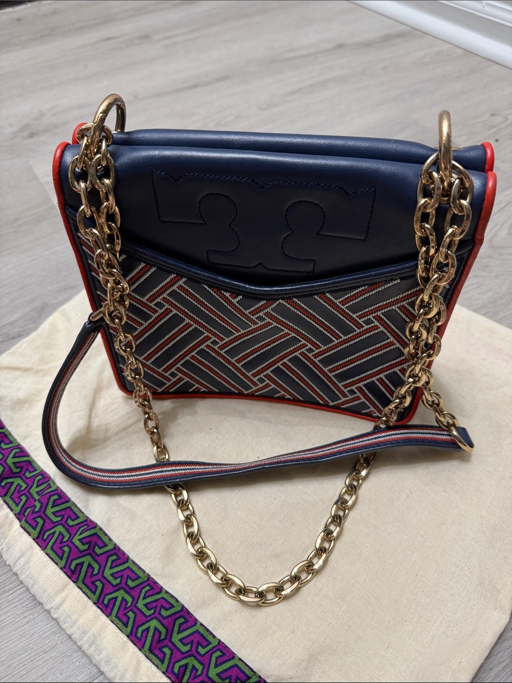 Tory Burch Navy, Red Chain-Handle Shoulder Bag Original Dust Bag Included